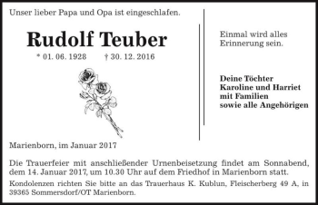 Traueranzeige von Rudolf Teuber  von Magdeburger Volksstimme