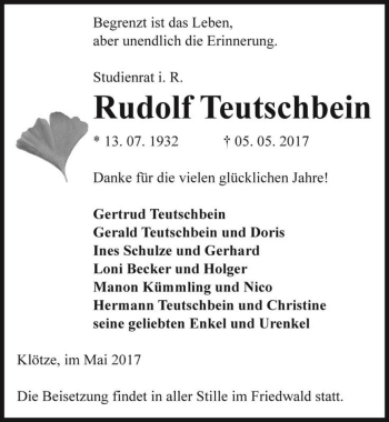 Traueranzeige von Rudolf Teutschbein  von Magdeburger Volksstimme