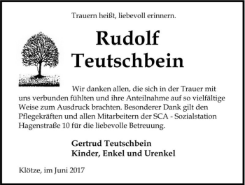 Traueranzeige von Rudolf Teutschbein  von Magdeburger Volksstimme