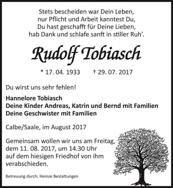 Traueranzeige von Rudolf Tobiasch  von Magdeburger Volksstimme