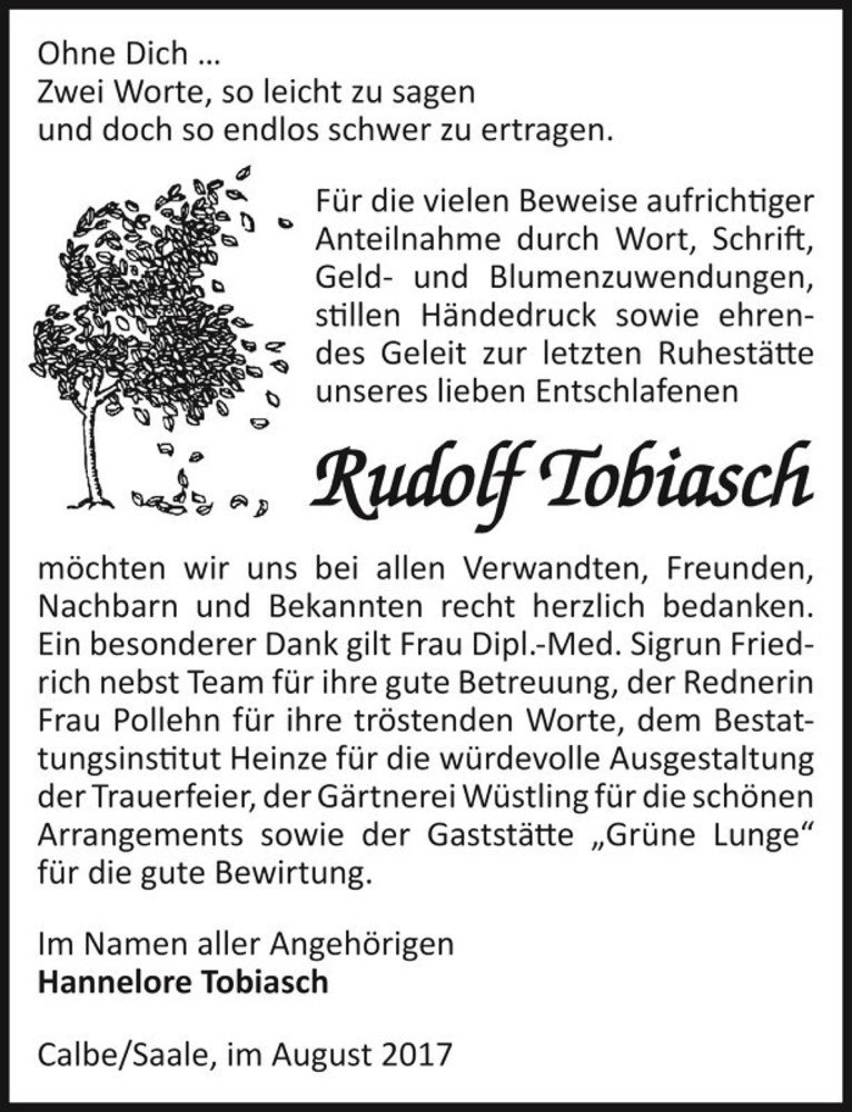 Traueranzeigen von Rudolf Tobiasch www.abschiednehmen.de