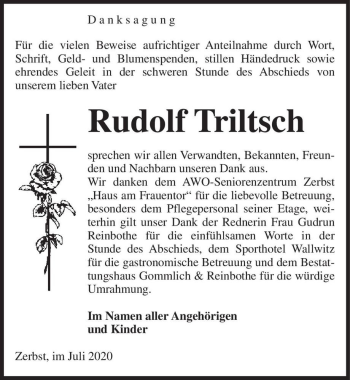 Traueranzeige von Rudolf Triltsch  von Magdeburger Volksstimme