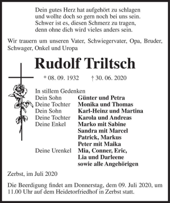 Traueranzeige von Rudolf Triltsch  von Magdeburger Volksstimme