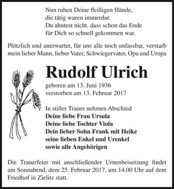 Traueranzeige von Rudolf Ulrich  von Magdeburger Volksstimme