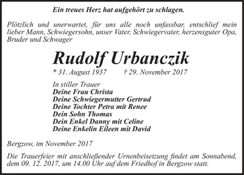 Traueranzeige von Rudolf Urbanczik  von Magdeburger Volksstimme