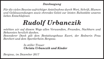 Traueranzeige von Rudolf Urbanczik  von Magdeburger Volksstimme