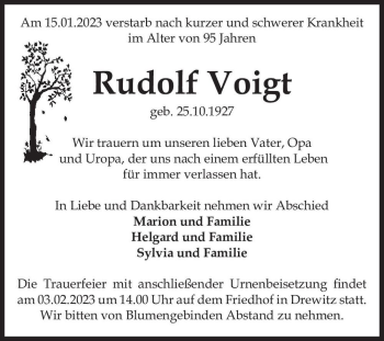 Traueranzeige von Rudolf Voigt  von Magdeburger Volksstimme