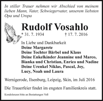 Traueranzeige von Rudolf Vosahlo  von Magdeburger Volksstimme