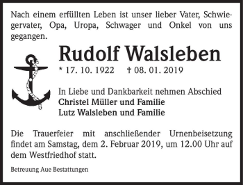 Traueranzeige von Rudolf Walsleben  von Magdeburger Volksstimme