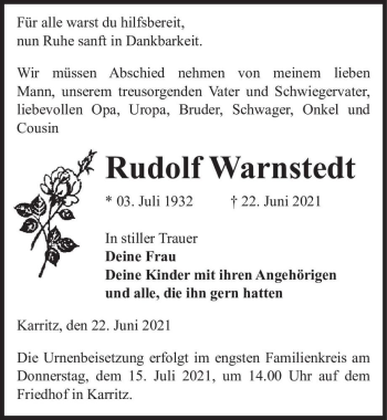 Traueranzeige von Rudolf Warnstedt  von Magdeburger Volksstimme