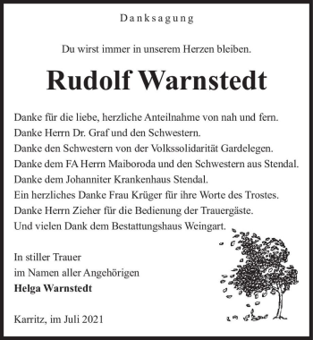 Traueranzeige von Rudolf Warnstedt  von Magdeburger Volksstimme