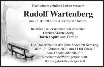 Traueranzeige von Rudolf Wartenberg  von Magdeburger Volksstimme