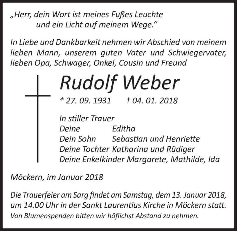  Traueranzeige für Rudolf Weber  vom 11.01.2018 aus Magdeburger Volksstimme