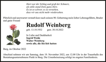 Traueranzeige von Rudolf Weinberg  von Magdeburger Volksstimme