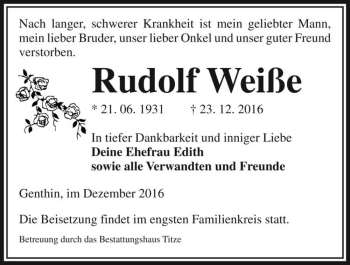 Traueranzeige von Rudolf Weiße  von Magdeburger Volksstimme