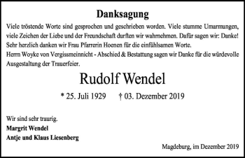 Traueranzeige von Rudolf Wendel  von Magdeburger Volksstimme