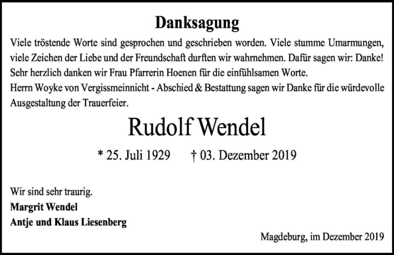  Traueranzeige für Rudolf Wendel  vom 21.12.2019 aus Magdeburger Volksstimme
