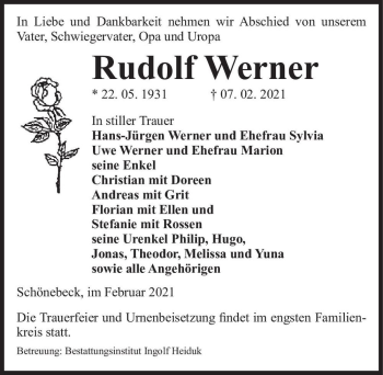 Traueranzeige von Rudolf Werner  von Magdeburger Volksstimme