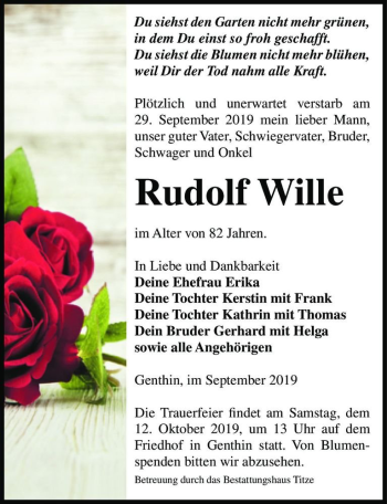 Traueranzeige von Rudolf Wille  von Magdeburger Volksstimme