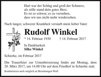 Traueranzeige von Rudolf Winkel  von Magdeburger Volksstimme