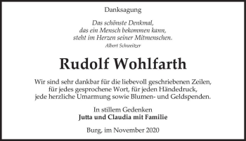 Traueranzeige von Rudolf Wohlfahrt  von Magdeburger Volksstimme