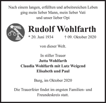 Traueranzeige von Rudolf Wohlfahrth  von Magdeburger Volksstimme