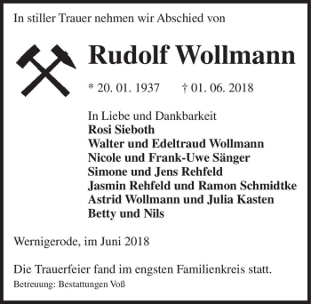 Traueranzeige von Rudolf Wollmann  von Magdeburger Volksstimme