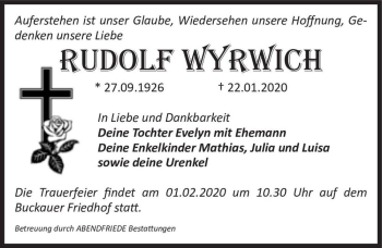 Traueranzeige von Rudolf Wyrwich  von Magdeburger Volksstimme