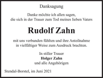 Traueranzeige von Rudolf Zahn  von Magdeburger Volksstimme