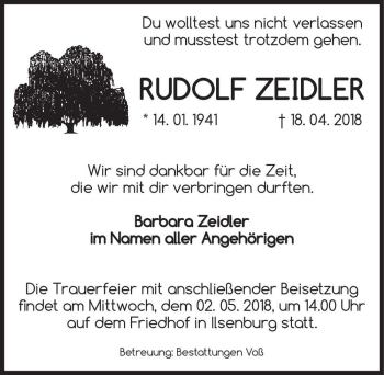 Traueranzeige von Rudolf Zeidler  von Magdeburger Volksstimme