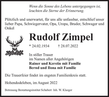 Traueranzeige von Rudolf Zimpel  von Magdeburger Volksstimme