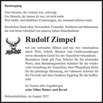 Traueranzeige von Rudolf Zimpel  von Magdeburger Volksstimme