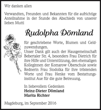 Traueranzeige von Rudolpha Dömland  von Magdeburger Volksstimme