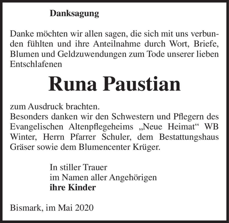  Traueranzeige für Runa Paustian  vom 15.05.2020 aus Magdeburger Volksstimme