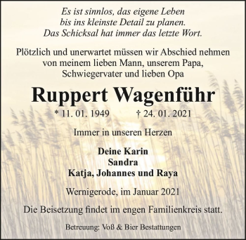 Traueranzeige von Ruppert Wagenführ  von Magdeburger Volksstimme