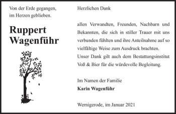Traueranzeige von Ruppert Wagenführ  von Magdeburger Volksstimme