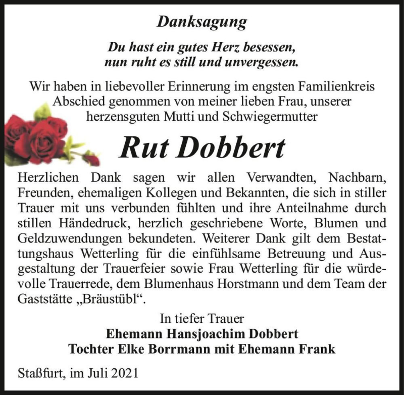  Traueranzeige für Rut Dobbert  vom 17.07.2021 aus Magdeburger Volksstimme