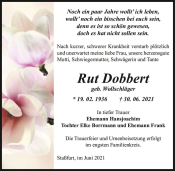 Traueranzeige von Rut Dobbert (geb. Wollschläger)  von Magdeburger Volksstimme