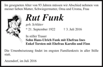 Traueranzeige von Rut Funk (geb. Schlüter)  von Magdeburger Volksstimme