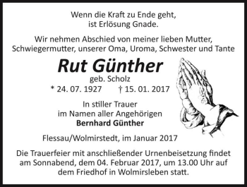 Traueranzeige von Rut Günther (geb. Scholz)  von Magdeburger Volksstimme