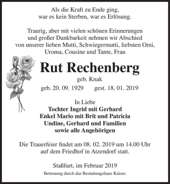 Traueranzeige von Rut Rechenberg (geb. Knak)  von Magdeburger Volksstimme