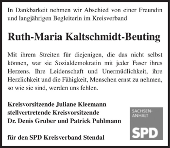 Traueranzeige von Ruth-Maria Kaltschmidt-Beuting  von Magdeburger Volksstimme