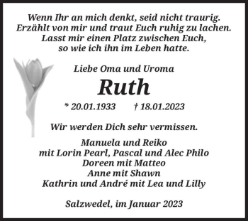 Traueranzeige von Ruth .  von Magdeburger Volksstimme