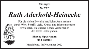 Traueranzeige von Ruth Aderhold-Heinecke  von Magdeburger Volksstimme