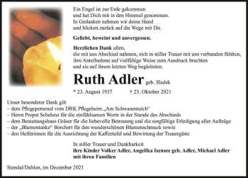 Traueranzeige von Ruth Adler (geb. Sladek)  von Magdeburger Volksstimme