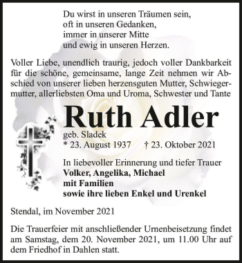 Traueranzeige von Ruth Adler (geb. Sladek)  von Magdeburger Volksstimme