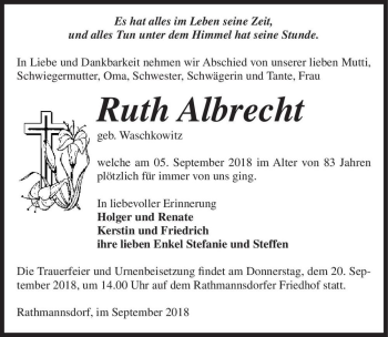 Traueranzeige von Ruth Albrecht (geb. Waschkowitz)  von Magdeburger Volksstimme