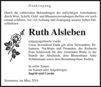 Traueranzeige von Ruth Alsleben  von Magdeburger Volksstimme