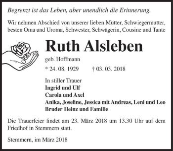 Traueranzeige von Ruth Alsleben (geb. Hoffmann)  von Magdeburger Volksstimme