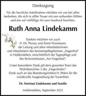Traueranzeige von Ruth Anna Lindekamm  von Magdeburger Volksstimme